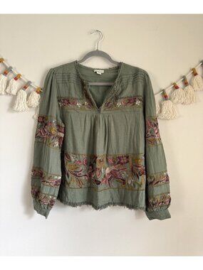 Sundance Linen Embroidered Floral Bird Peasant Top Green Cottage Boho Coastal S